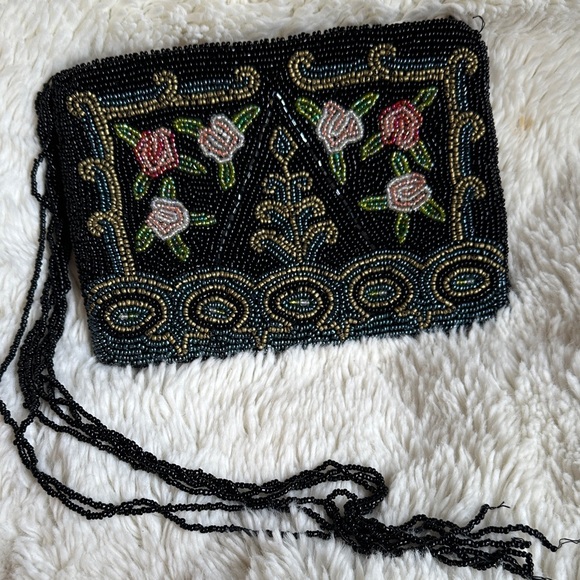 Vintage Elegant Beaded Black Clutch with Floral Design 100% Silk